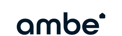 The logo for ambe' is shown in dark navy blue lowercase letters on a solid white background.