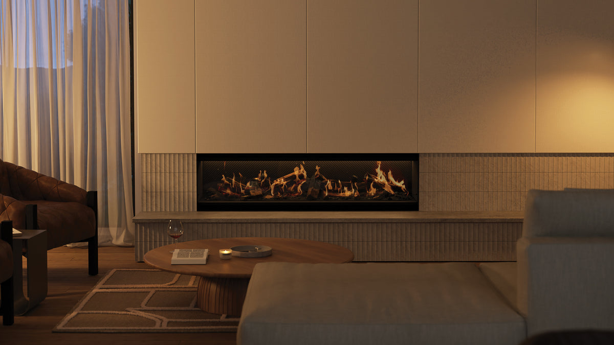 Modern living room with a fireplace and comfortable furniture.