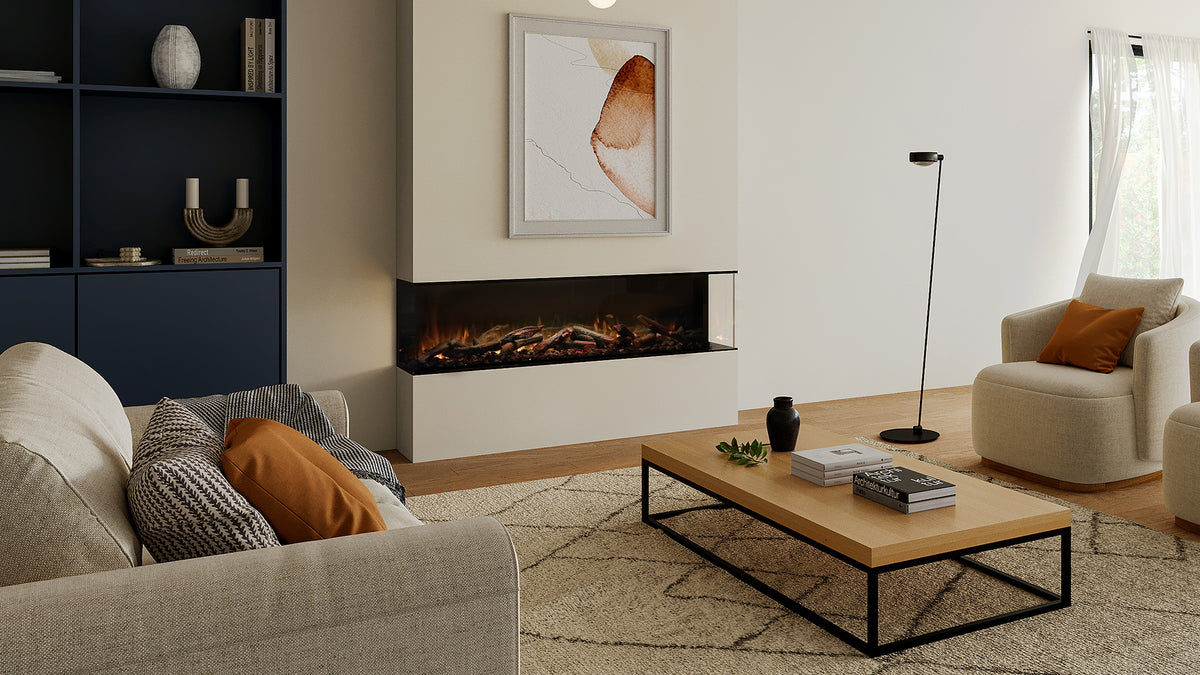 Modern living room with an Ambe fireplace, sofa, and coffee table.